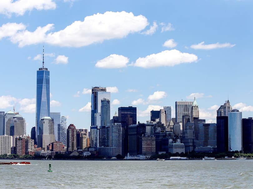 View of the Lower Manhattan skyline and One World Trade Center from Liberty Island