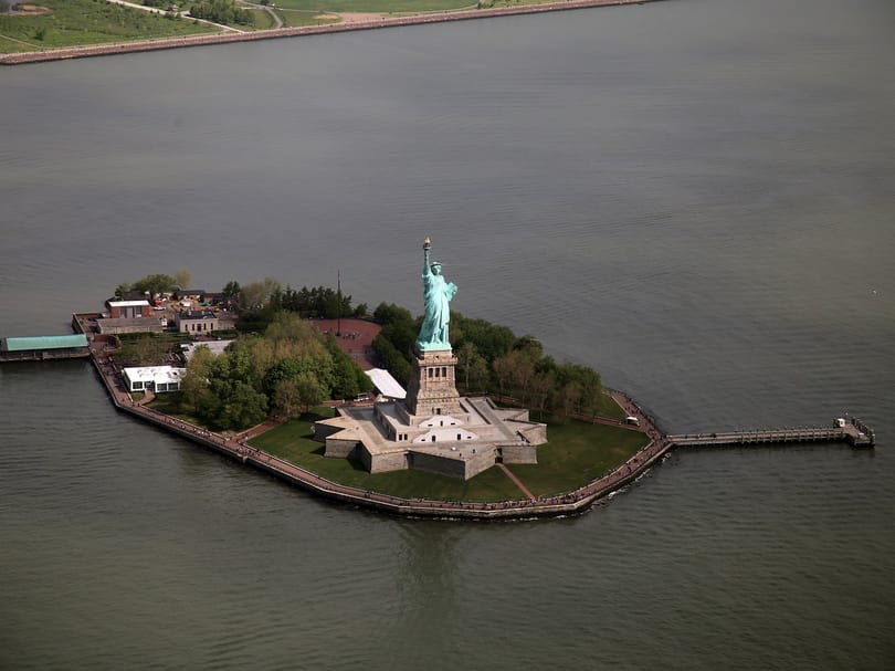 Aerial view of Liberty Island and the Statue of Liberty in New York Harbor