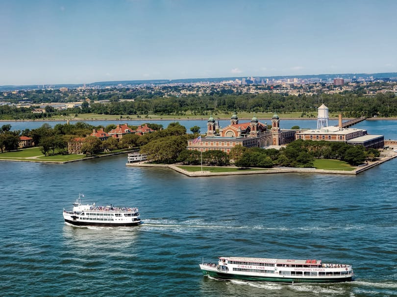 Ferry approaching Ellis Island in New York Harbor