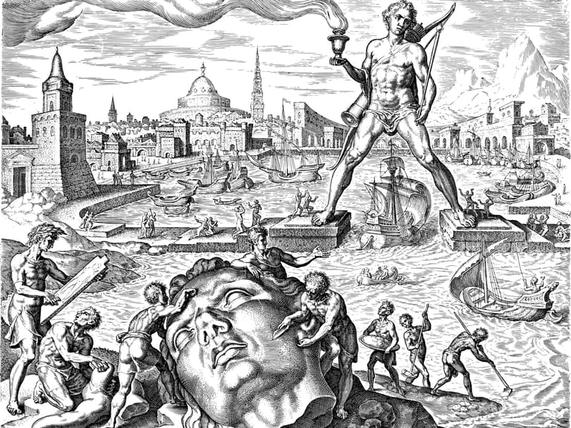 Historical illustration of the Colossus of Rhodes, an inspiration for the Statue of Liberty