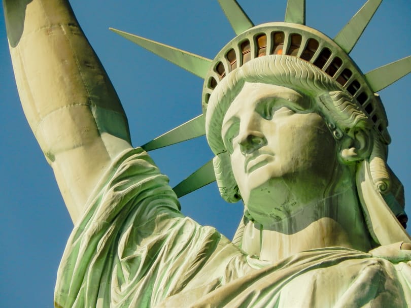 Close-up view of the Statue of Liberty's face and crown