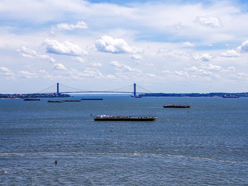 View of New York Harbor and the Verrazzano-Narrows Bridge from the Statue of Liberty pedestal