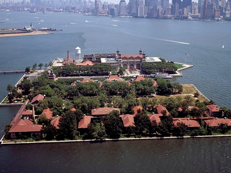 Aerial view of Ellis Island and the National Museum of Immigration