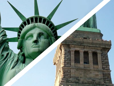 Split image of Statue of Liberty Pedestal and Crown