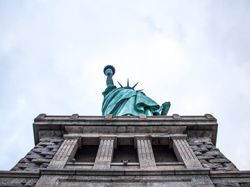 Statue of Liberty viewed from below its pedestal