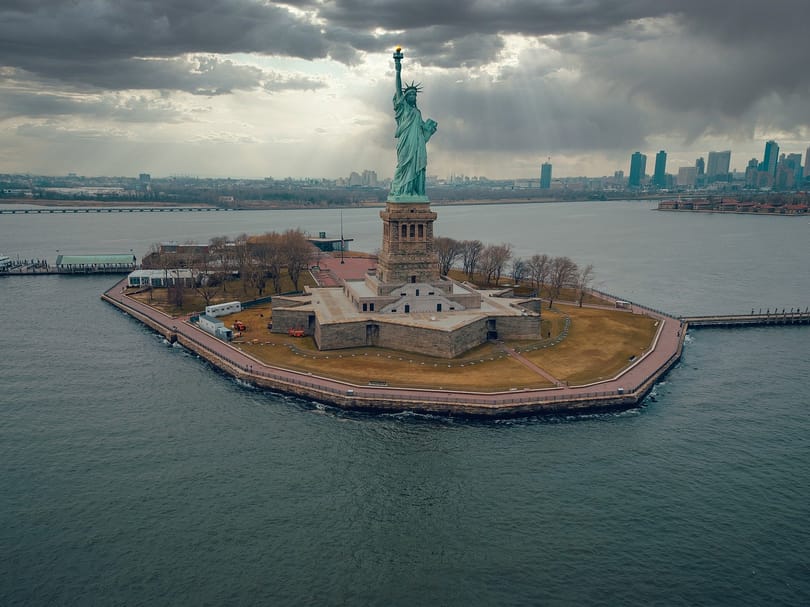 Aerial view of the Statue of Liberty and Liberty Island in New York Harbor