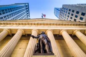 Low shot of Federal Hall near Wall Street during Lower Manhattan Tour in NYC