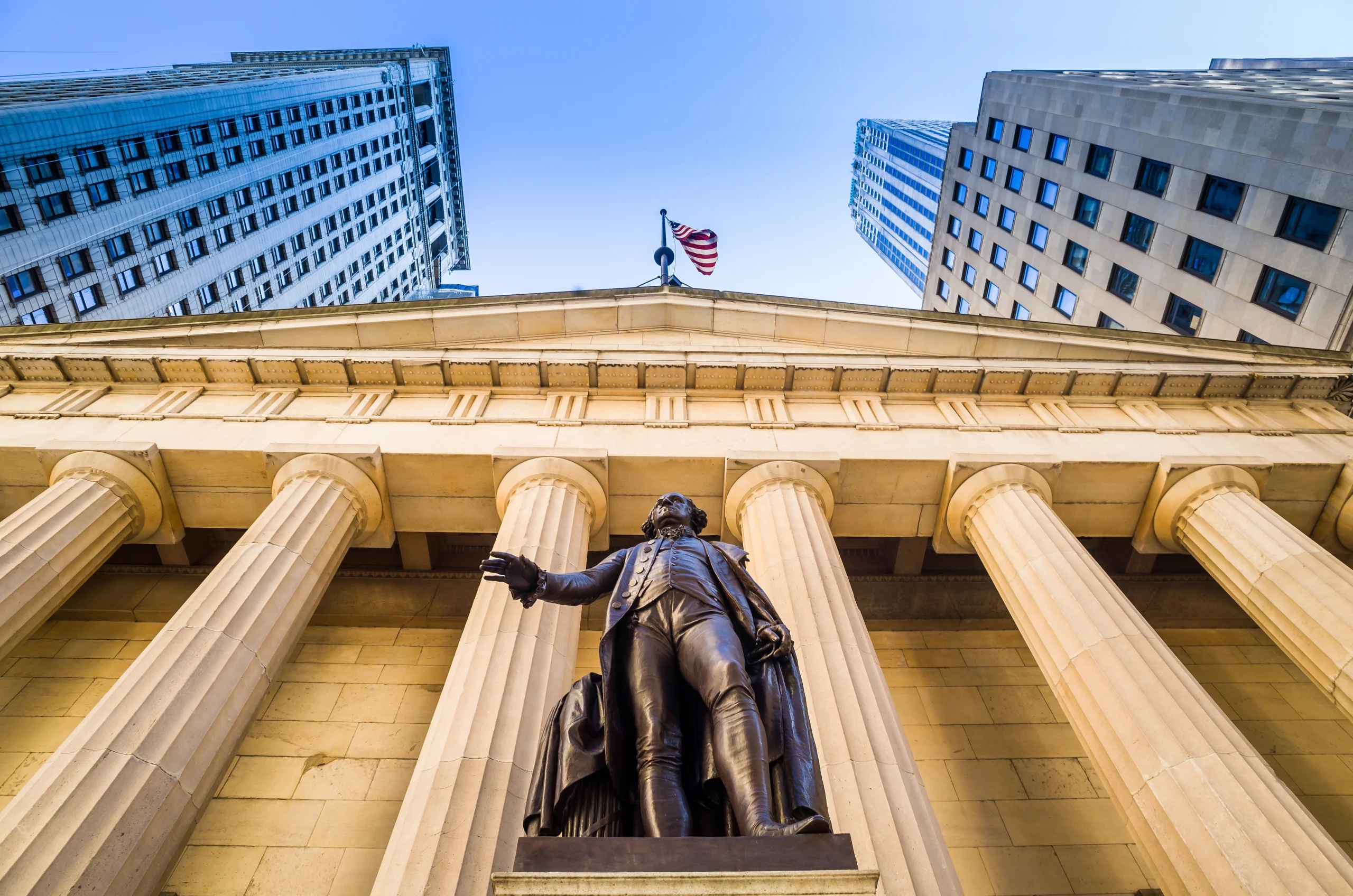 Low shot of Federal Hall near Wall Street during Lower Manhattan Tour in NYC
