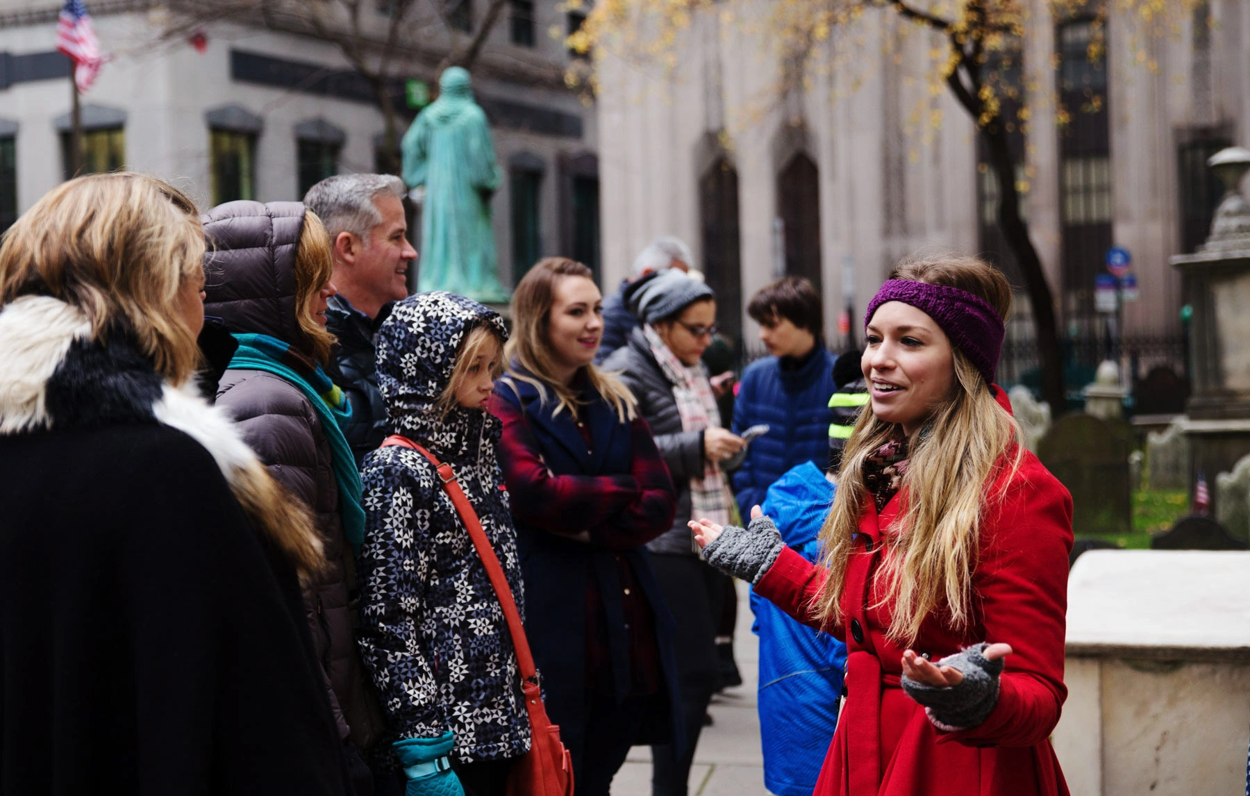 Tour group in front of Trinity Church in NYC