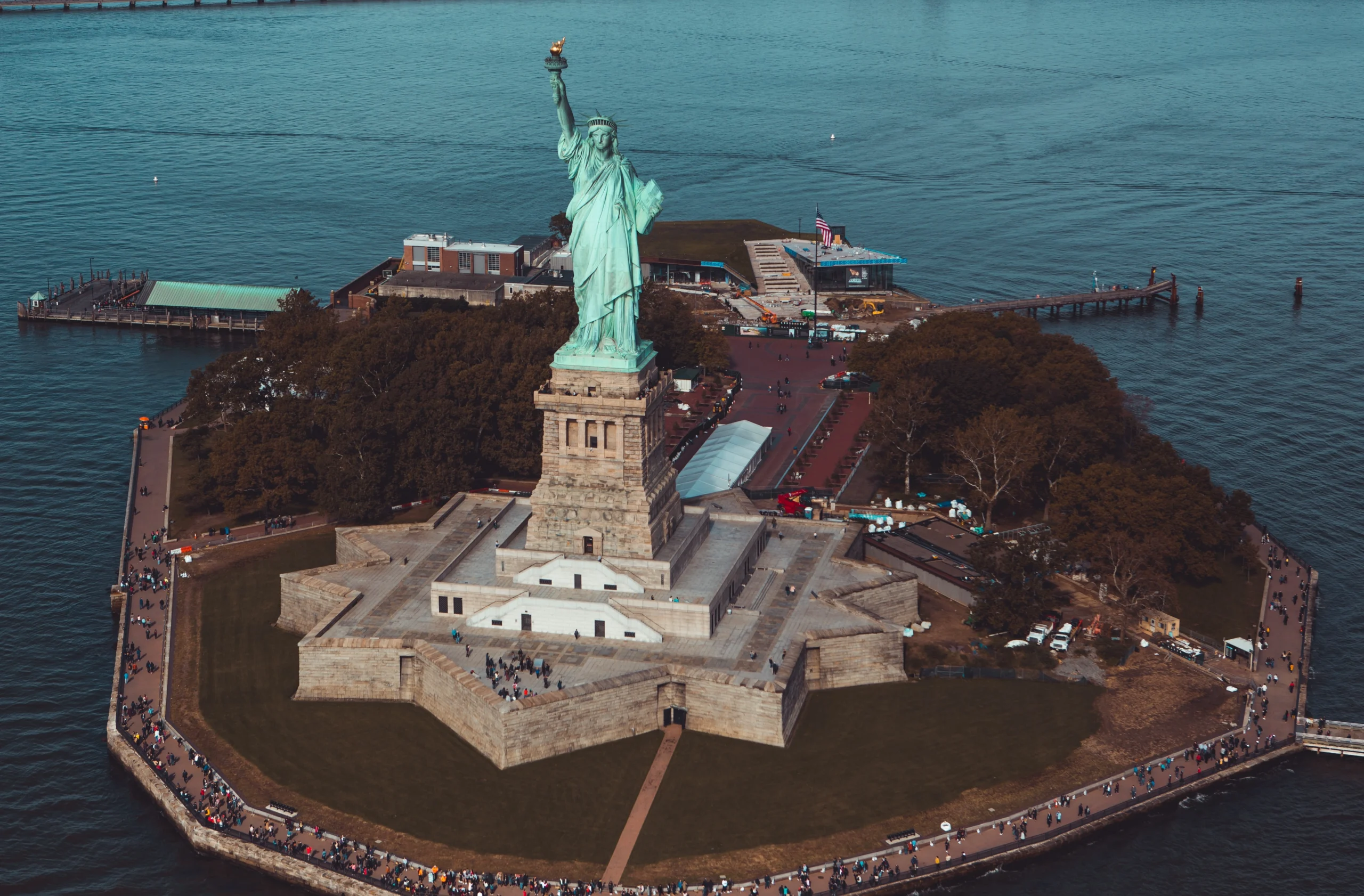 Aerial view of Ellis Island and Lady of Liberty during prviate Statue of Liberty and Ellis Island tour