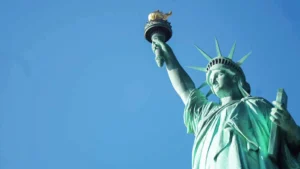 Low angle shot of Lady of Liberty monument during private Statue of Liberty and Ellis Island tour